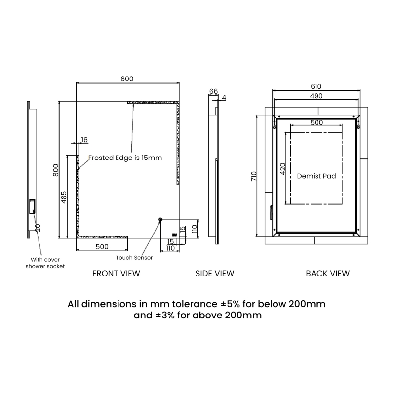 RAK Citrine Portrait LED Mirror with Switch and Demister Pad 800mm H x 600mm W Illuminated