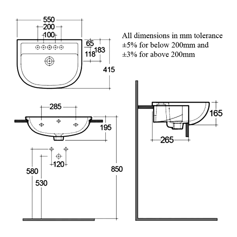RAK Compact Semi-Recessed Basin 550mm Wide - 1 Tap Hole