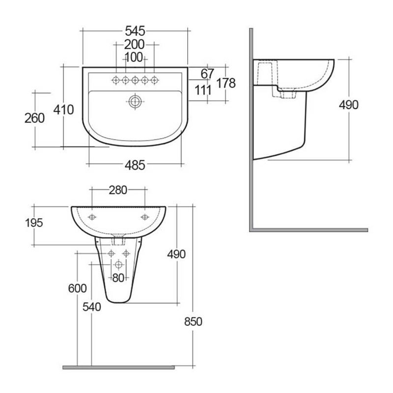 RAK Compact Basin and Semi Pedestal 550mm Wide - 2 Tap Hole