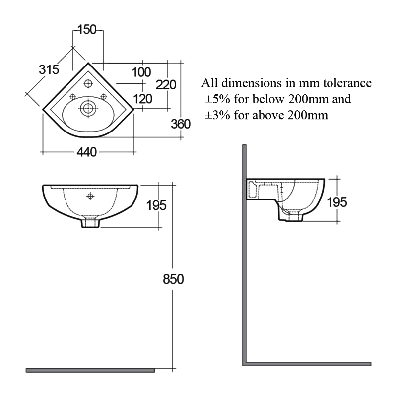 RAK Compact Corner Cloakroom Basin 440mm Wide - 2 Tap Hole