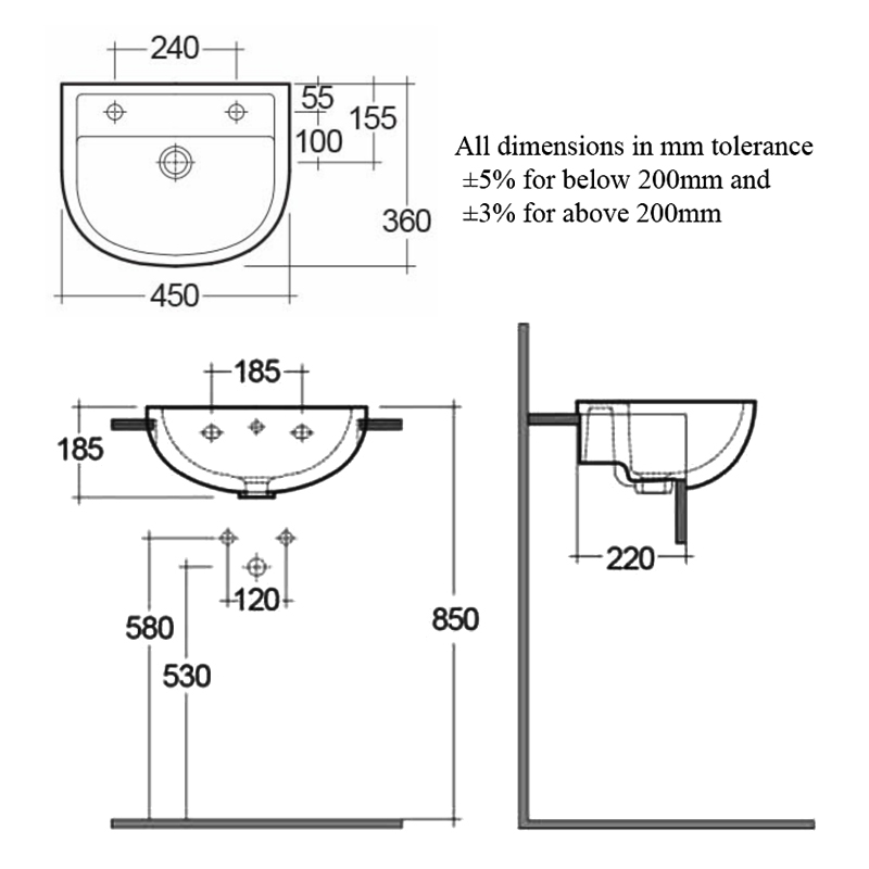 RAK Compact Semi Recessed Basin 450mm Wide - 2 Tap Hole