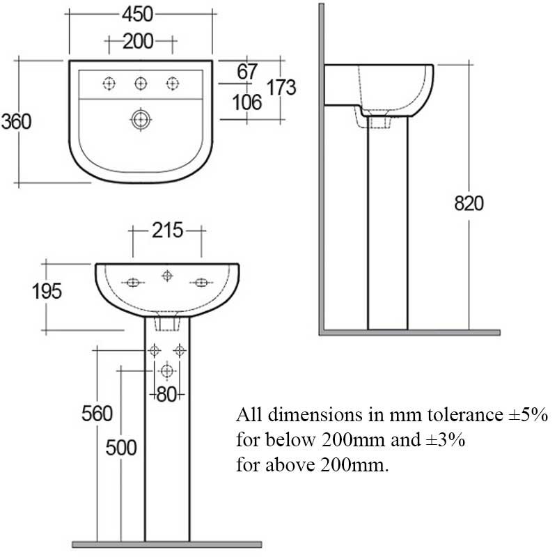 RAK Compact Basin and Full Pedestal 450mm Wide - 1 Tap Hole