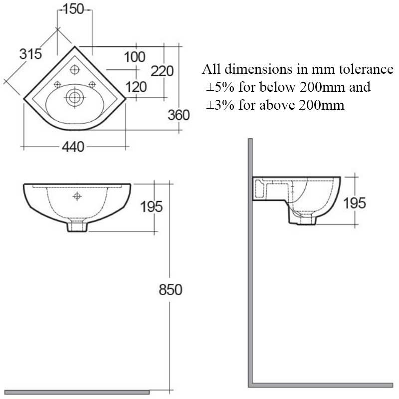RAK Compact Corner Cloakroom Basin 440mm Wide - 1 Tap Hole
