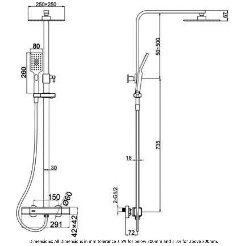 RAK Compact Thermostatic Square Bar Mixer Shower with Shower Kit + Fixed Head - Chrome
