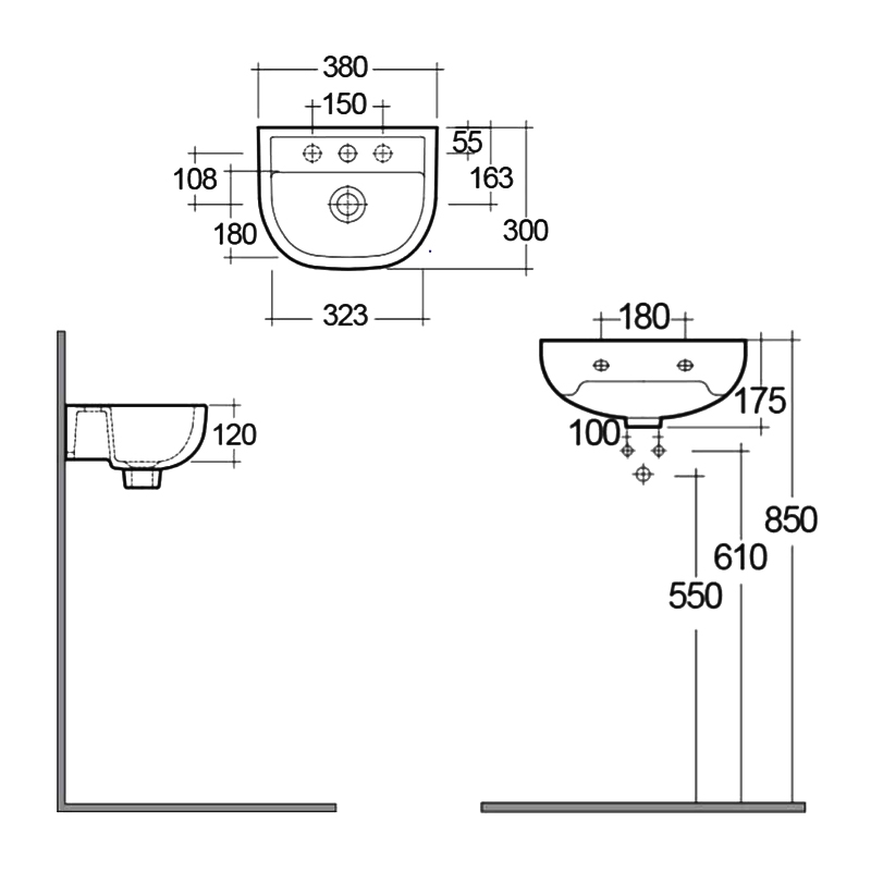 RAK Compact Special Needs Cloakroom Basin 380mm Wide - 1 RH Tap Hole