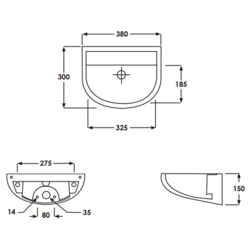 RAK Compact Special Needs HO Cloakroom Basin 380mm Wide - 0 Tap Hole