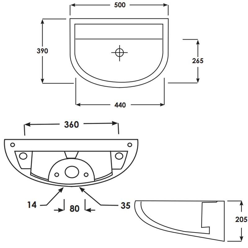 RAK Compact Special Needs HO Cloakroom Basin 500mm Wide - 0 Tap Hole