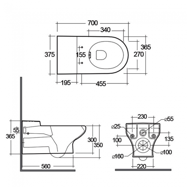 RAK Compact Special Needs Wall Hung Pan Alpine White - Excluding Seat  | Dimension Image