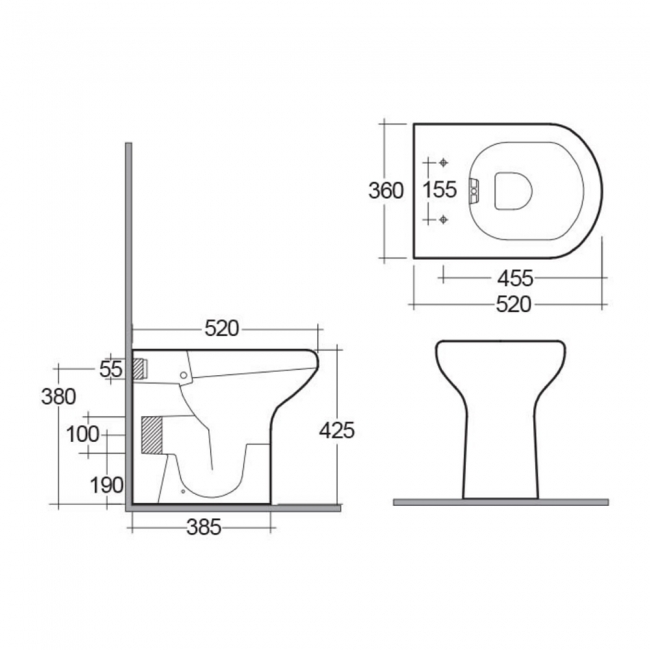 RAK Compact Special Needs Rimless Back to Wall Pan - Excluding Seat  | Dimension Image