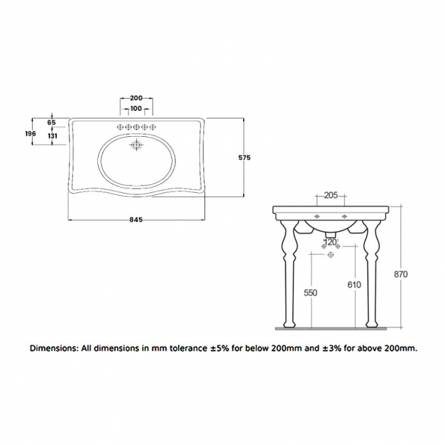 RAK Console Alexandra Basin with Ceramic Legs 850mm Wide - 1 Tap Hole
