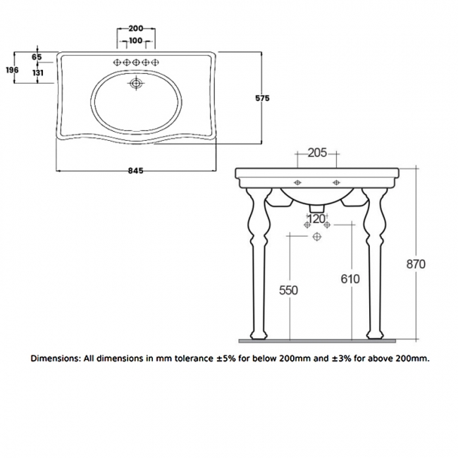 RAK Console Alexandra Basin with Ceramic Legs 850mm Wide - 3 Tap Hole