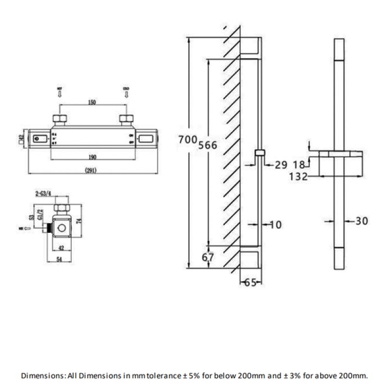RAK Cool Touch Square Thermostatic Bar Shower Valve with Slider Rail Kit 700mm Height - Chrome
