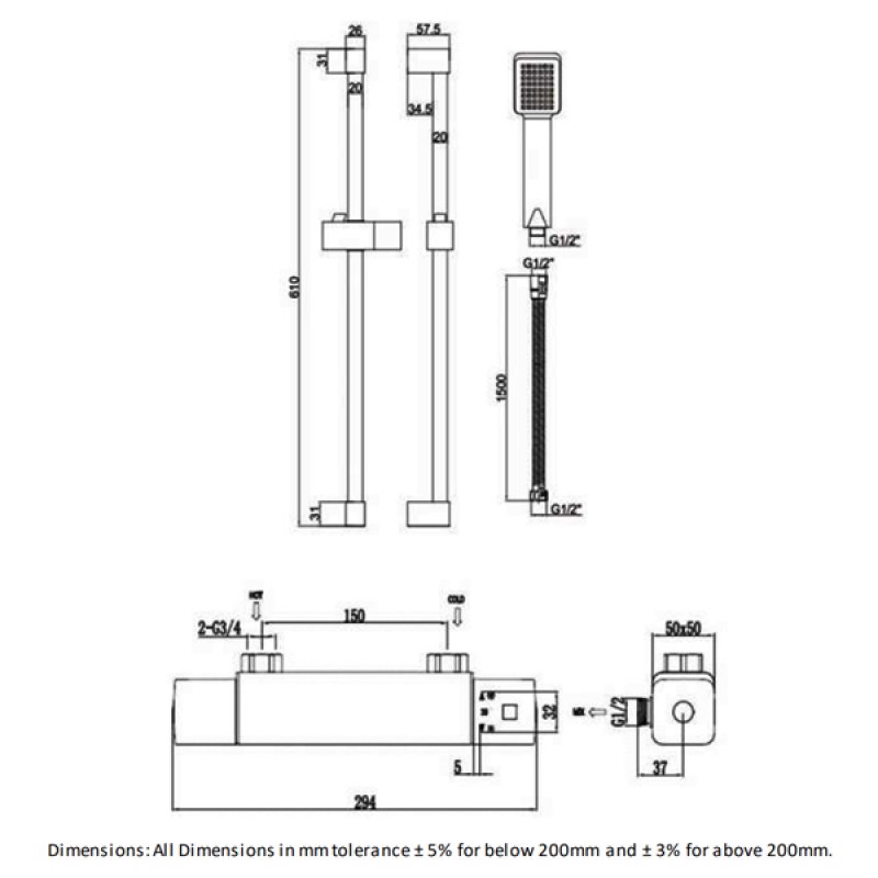 RAK Cool Touch Square Thermostatic Bar Shower Valve with Slider Rail Kit 610mm Height - Chrome