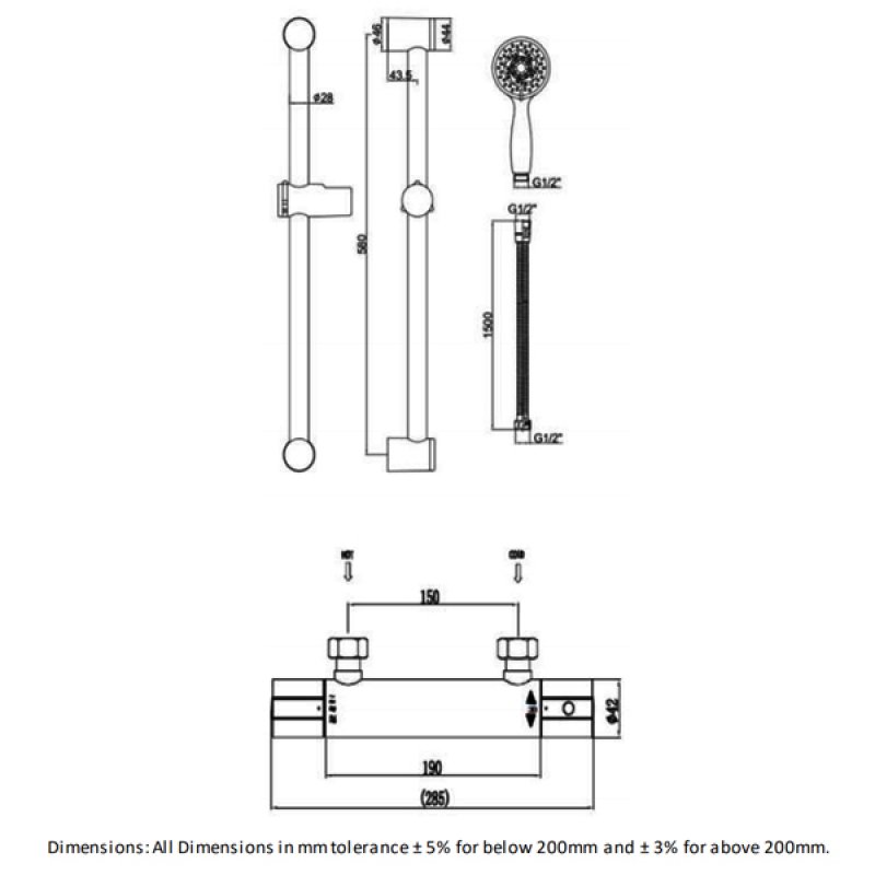 RAK Cool Touch Round Thermostatic Bar Shower Valve with Slider Rail Kit 580mm Height - Chrome