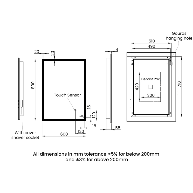 RAK Cupid Portrait LED Mirror with Switch and Demister Pad 800mm H x 600mm W Illuminated