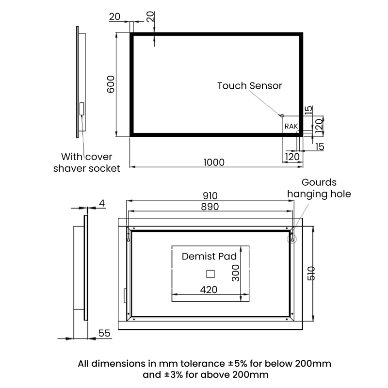 RAK Cupid Landscape LED Mirror with Switch and Demister Pad 600mm H x 1000mm W Illuminated