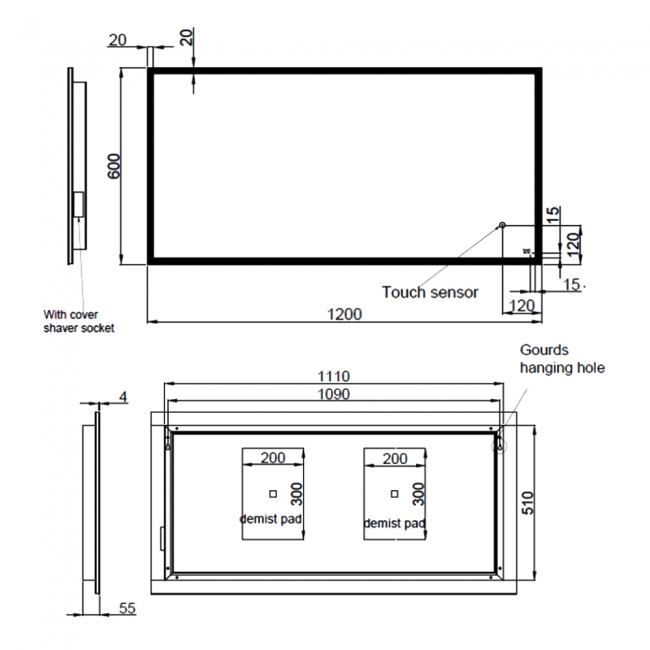 RAK Cupid Landscape LED Mirror with Switch and Demister Pad 600mm H x 1200mm W Illuminated