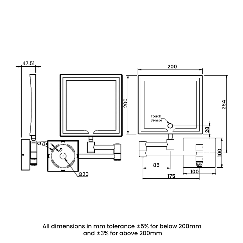 RAK Demeter Square LED 3x Magnifying Mirror with Switch 264mm H x 200mm W Illuminated
