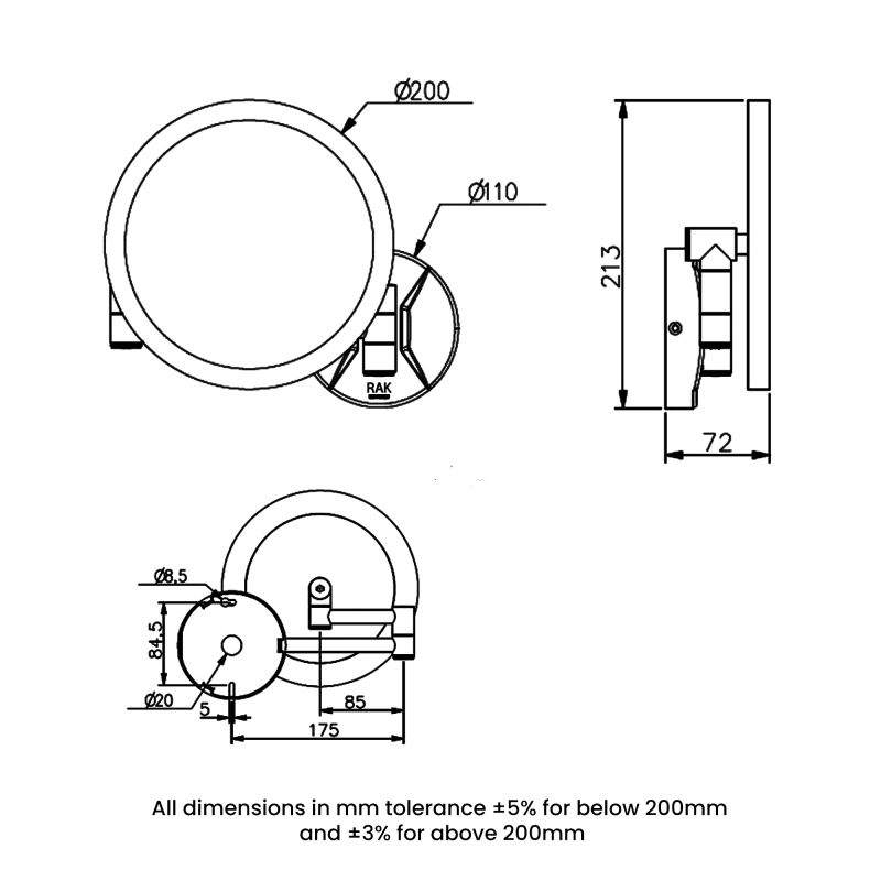 RAK Demeter Plus Round LED 3x Magnifying Mirror with Magnetic Pullout Switch 213mm H x 200mm W Illuminated