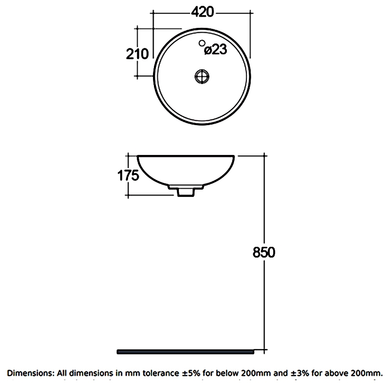 RAK Diana Sit-On Countertop Basin 420mm Wide - 0 Tap Hole