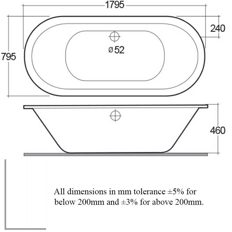 RAK DKM Double Ended Oval Bath 1800mm x 800mm - Acrylic