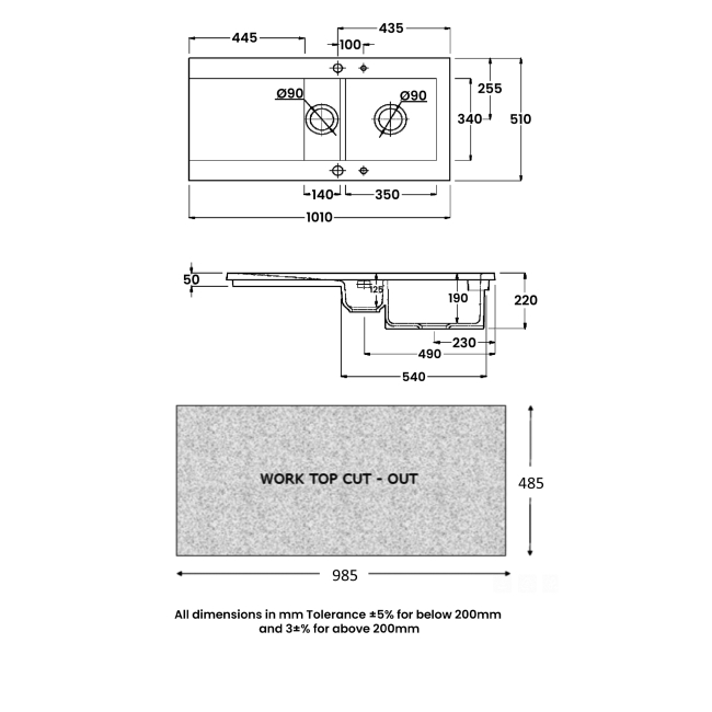 RAK Gourmet Dream 1 Ceramic Kitchen Sink 1.5 Bowl Reversible Drainer 1010mm L x 510mm W - Alpine White  | Dimension Image
