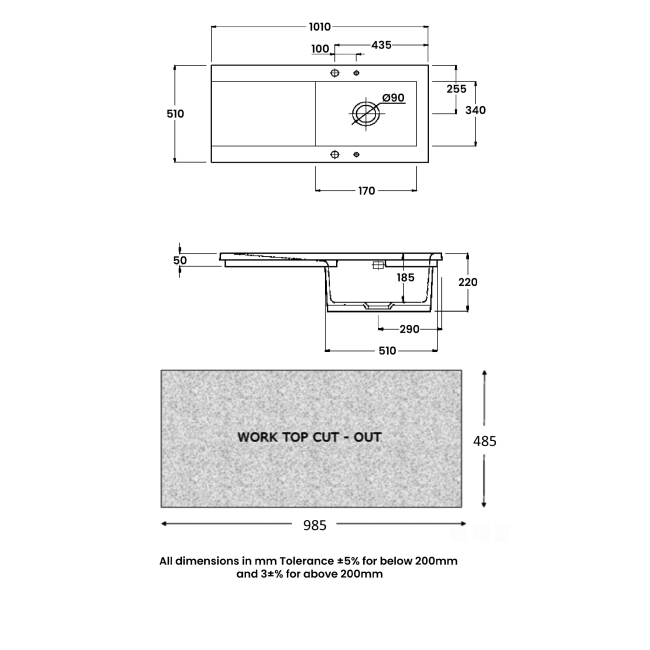 RAK Gourmet Dream 2 Ceramic Kitchen Sink 1.0 Bowl Reversible Drainer 1010mm L x 510mm W - White  | Dimension Image