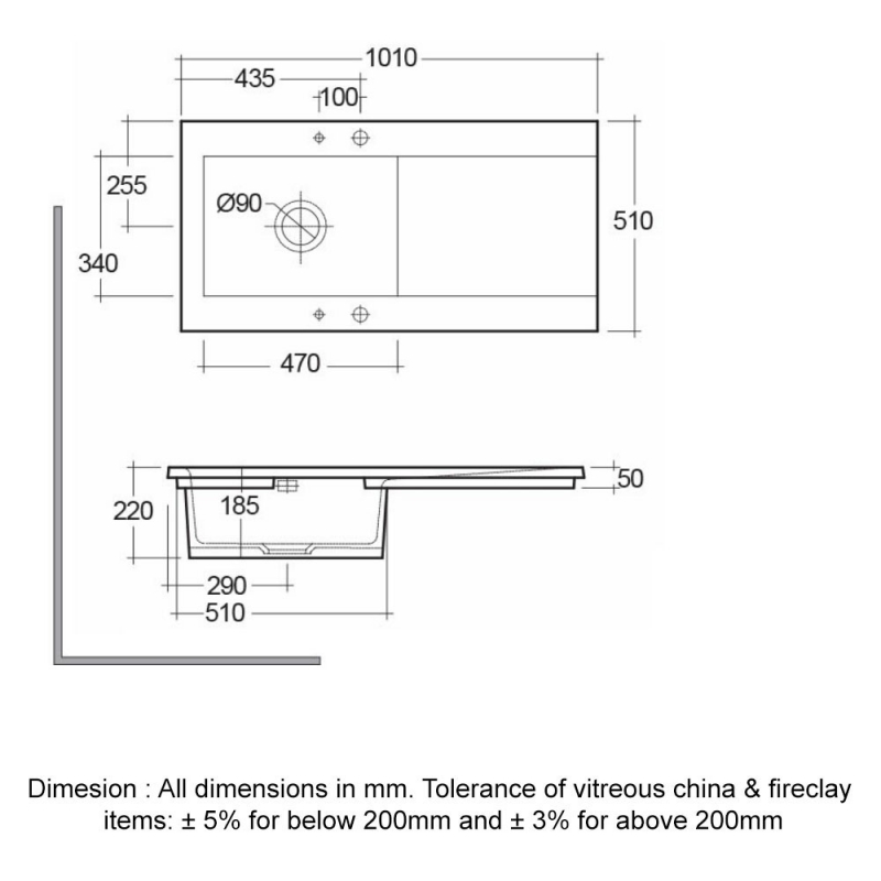 RAK Dream 2 Slim Ceramic Kitchen Sink 1.0 Bowl 1010mm L x 510mm W - Matt Gray