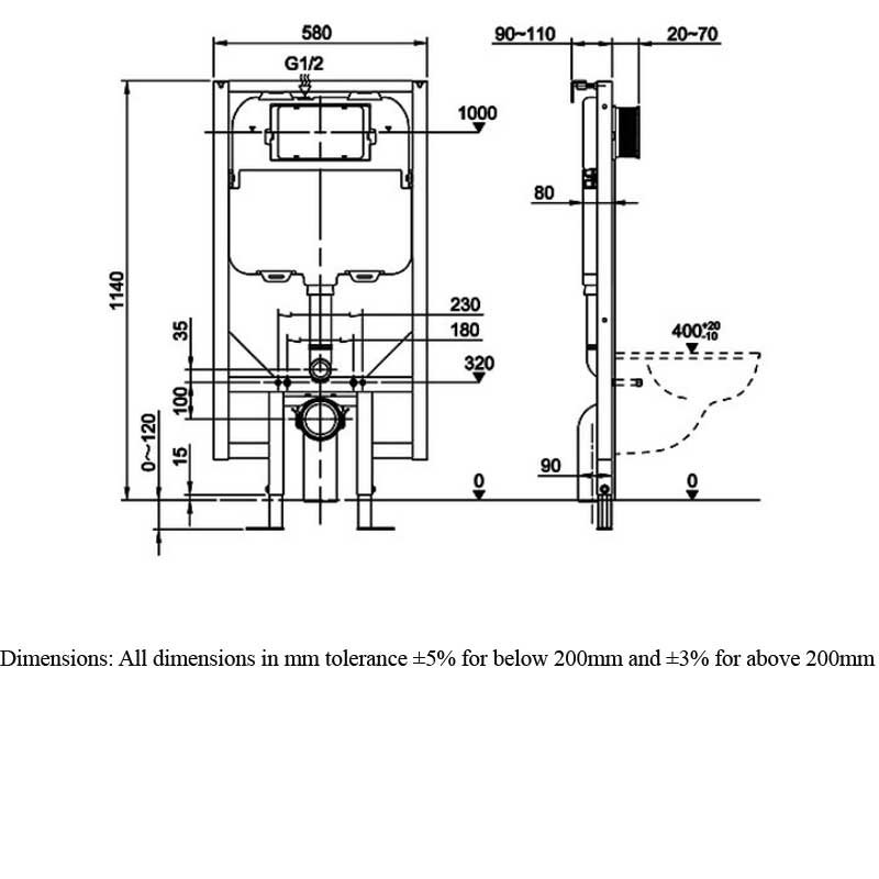 RAK Ecofix Concealed Toilet Support Frame with 80mm Concealed Cistern 1140mm High - Orange/White