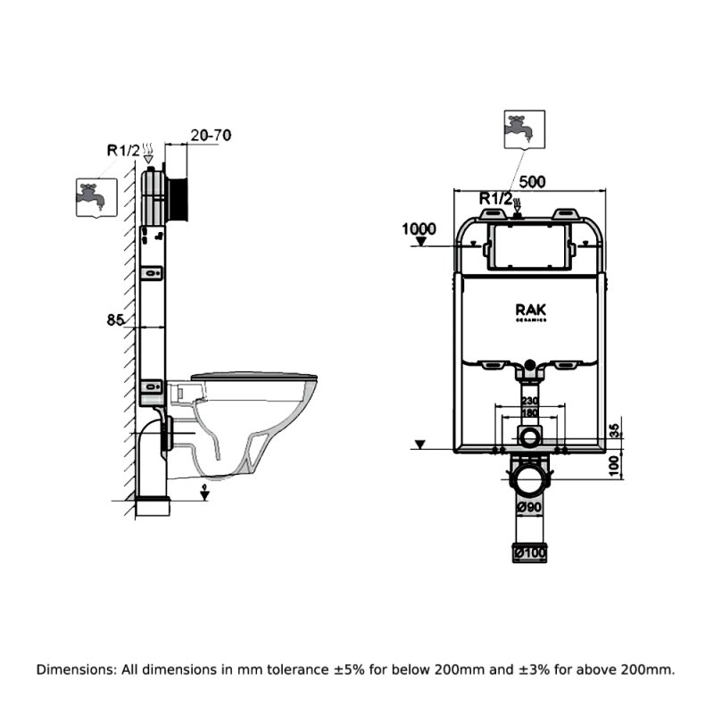 RAK Ecofix Slimline Hidden Cistern 80mm with Metal Frame for Wall Hung WC Unit - Alpine White