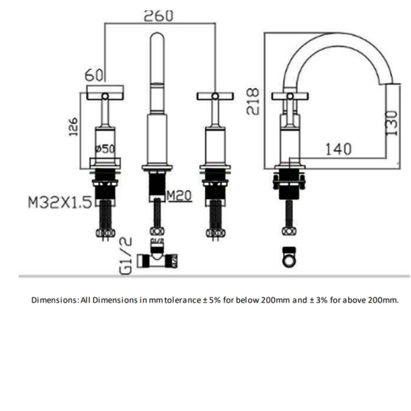 RAK Ella 3-Hole Bath Filler Tap Deck Mounted - Chrome