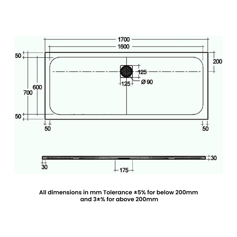 RAK Feeling Grey Stone Effect Rectangular Shower Tray 1700mm x 700mm