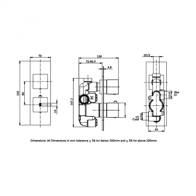 RAK Feeling Thermostatic Square Single Outlet Concealed Shower Valve - Greige