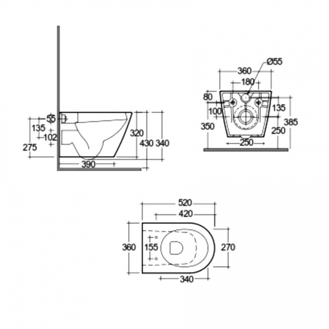RAK Feeling Rimless Wall Hung Toilet with Soft Close Seat - Matt White  | Dimension Image