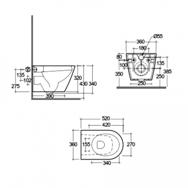 RAK Feeling Rimless Wall Hung Toilet with Soft Close Seat - Matt Grey  | Dimension Image