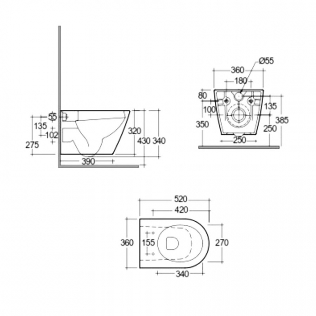 RAK Feeling Rimless Wall Hung Toilet with Soft Close Seat - Matt Greige  | Dimension Image