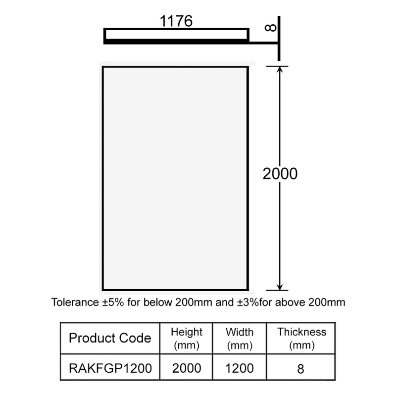 RAK Feeling Greige Wet Room Glass Panel 1200mm Wide - 8mm Glass  | Dimension Image