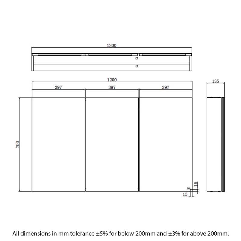 RAK Gemini 3-Door Mirrored Bathroom Cabinet 700mm H x 1200mm W - Stainless Steel