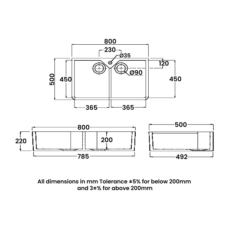 RAK Gourmet 10 Ceramic Belfast Kitchen Sink 2.0 Bowl 800mm L x 500mm W - White