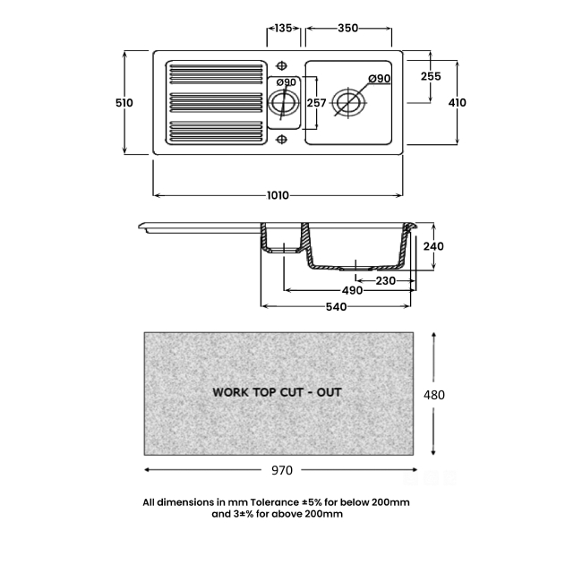 RAK Gourmet 1 Ceramic Kitchen Sink 1.5 Bowl 1010mm L x 510mm W - White  | Dimension Image