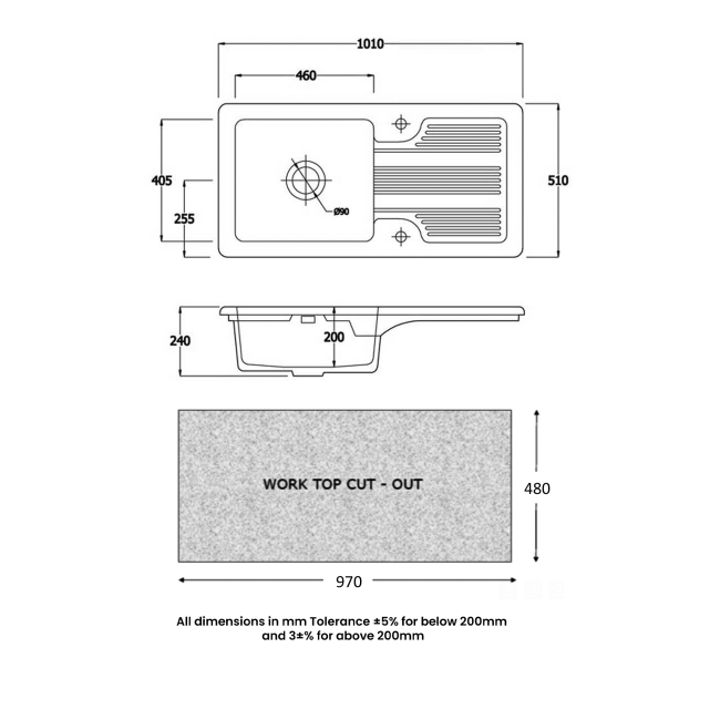 RAK Gourmet 4 Ceramic Kitchen Sink 1.0 Bowl 1010mm L x 510mm W - Alpine White  | Dimension Image