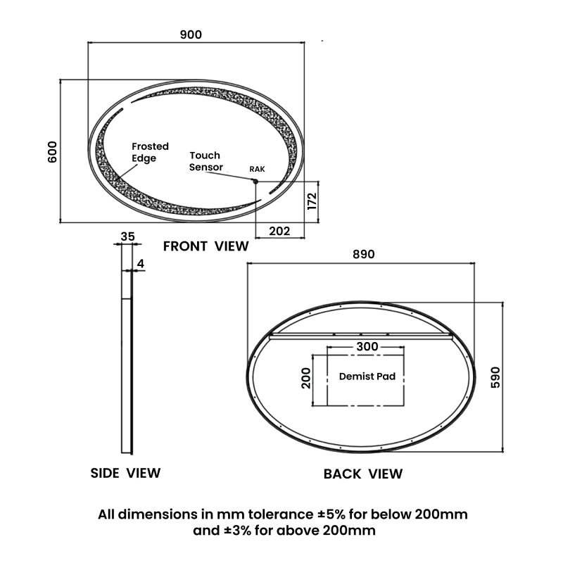 RAK Hades Oval LED Mirror with Switch and Demister Pad 600mm H x 900mm W Illuminated