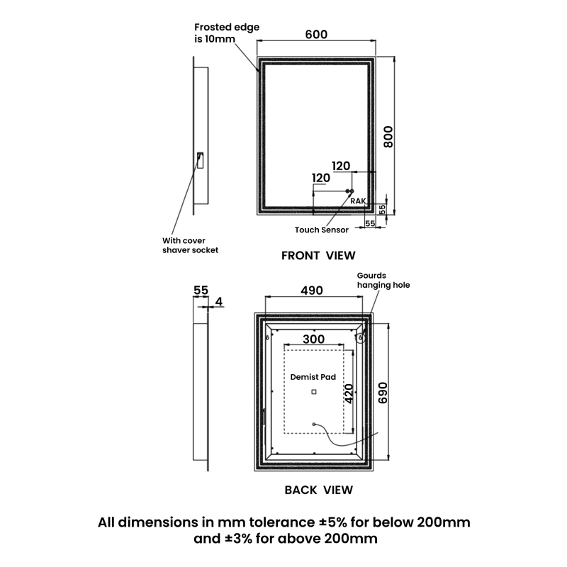 RAK Hermes Portrait LED Mirror with Switch and Demister Pad 800mm H x 600mm W Illuminated