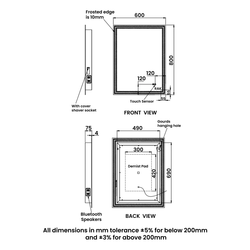 RAK Hermes Portrait LED Bluetooth Mirror with Switch and Demister Pad 800mm H x 600mm W Illuminated