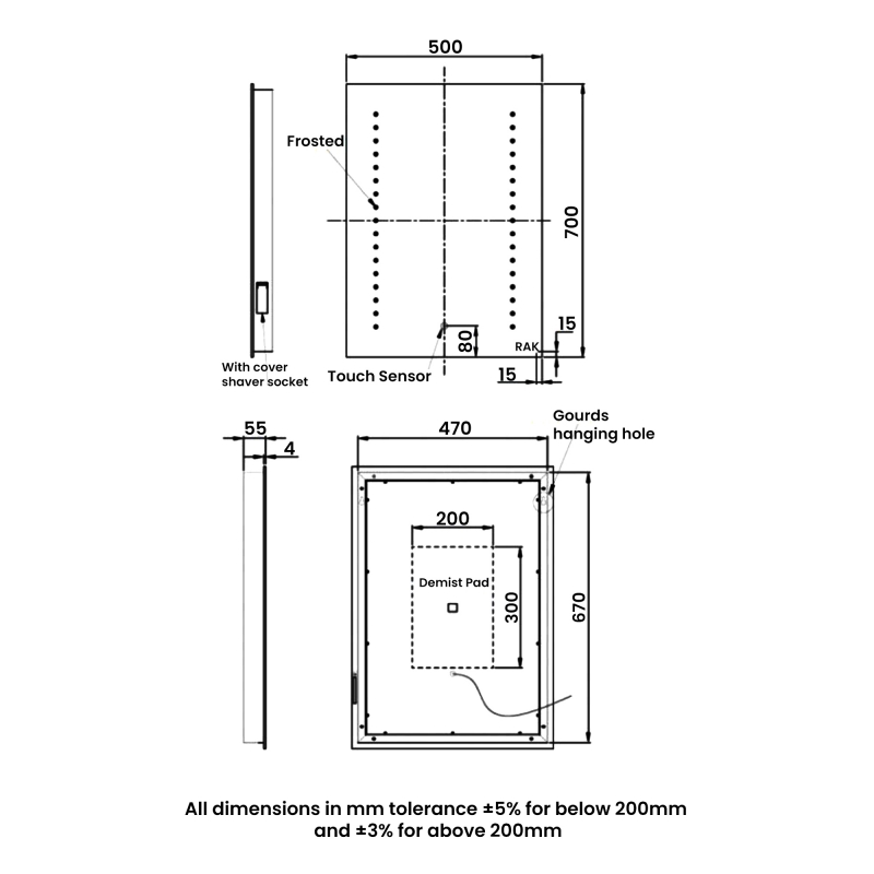 RAK Hestia LED Portrait Mirror with Switch and Demister Pad 700mm H x 500mm W Illuminated