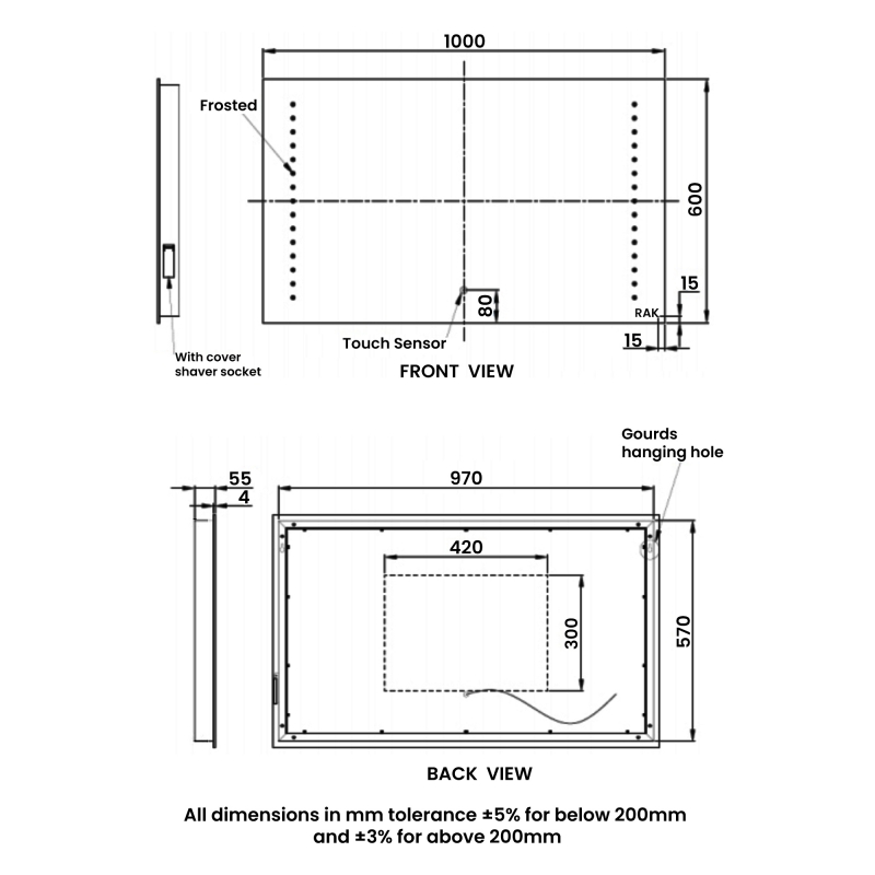 RAK Hestia LED Landscape Mirror with Switch and Demister Pad 600mm H x 1000mm W Illuminated