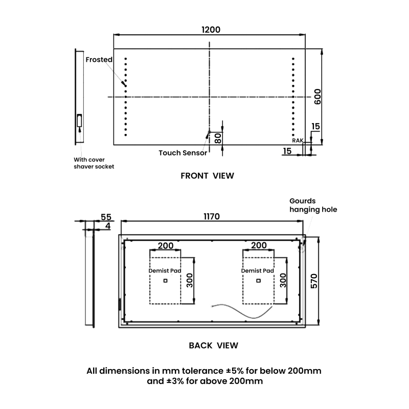 RAK Hestia LED Landscape Mirror with Switch and Demister Pad 600mm H x 1200mm W Illuminated