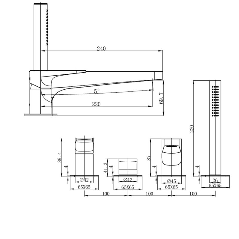 RAK Ischia 4-Hole Bath Shower Mixer Tap Pillar Mounted - Matt Black