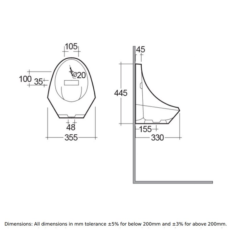 RAK Jazira Wall Hung Urinal 355mm Wide White