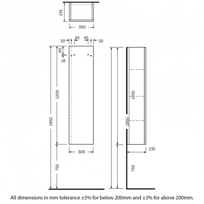 RAK Joy Wall Hung Tall Storage Unit 300mm Wide - Grey Elm